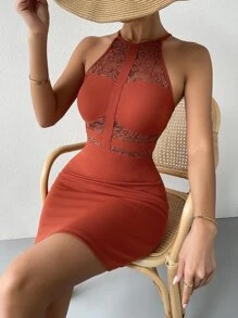 Contrast Lace Bandage Bodycon Dress - Burnt Orange - View 3