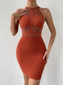 Contrast Lace Bandage Bodycon Dress - Burnt Orange - View 6