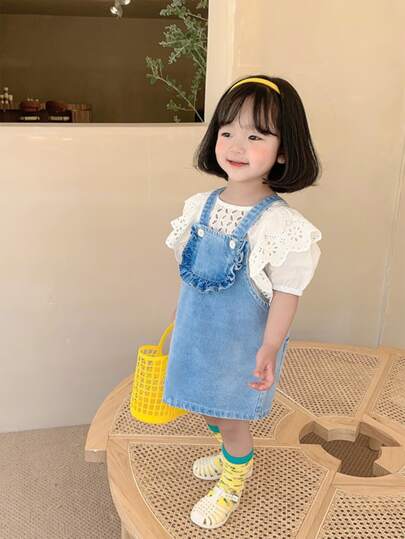 春夏少女荷葉邊吊帶牛仔背帶洋裝