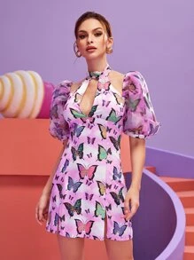 Nayik Đầm Cắt ra cắt Chia Dây kéo Loại bướm Tất cả trên in Giải trí - Nhiều màu - Xem 1