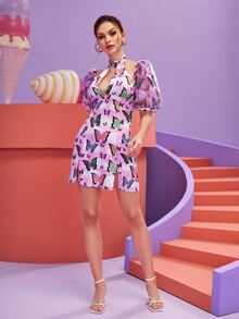 Nayik Đầm Cắt ra cắt Chia Dây kéo Loại bướm Tất cả trên in Giải trí - Nhiều màu - Xem 3