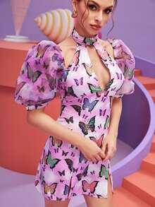 Nayik Đầm Cắt ra cắt Chia Dây kéo Loại bướm Tất cả trên in Giải trí - Nhiều màu - Xem 4