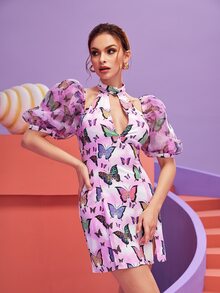 Nayik Đầm Cắt ra cắt Chia Dây kéo Loại bướm Tất cả trên in Giải trí - Nhiều màu - Xem 5