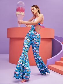 Nayik 蝴蝶圖案撞色滾邊鏤空細節喇叭下擺吊帶連體褲 - 彩色 - 查看 3