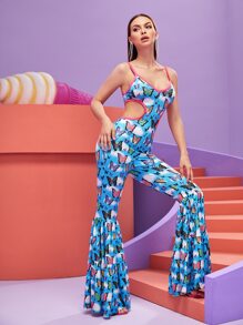 Nayik 蝴蝶圖案撞色滾邊鏤空細節喇叭下擺吊帶連體褲 - 彩色 - 查看 4