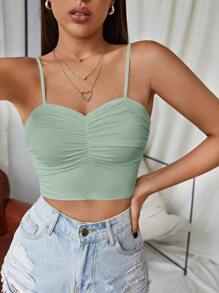 SHEIN EZwear Áo hai dây Xù màu trơn Gợi cảm - Màu xanh Bạc hà - Xem 1