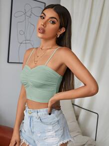 SHEIN EZwear Áo hai dây Xù màu trơn Gợi cảm - Màu xanh Bạc hà - Xem 4