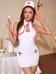 Backless Nurse Costume Dress With Hairhoop & Stethoscope - White - View 4