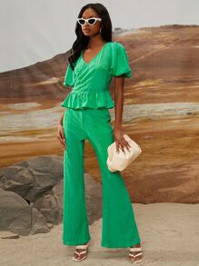 SHEINNeu Bộ đồ hai mảnh nữ Viên lá sen Trọn gói màu trơn Giải trí - màu xanh lá - Xem 1