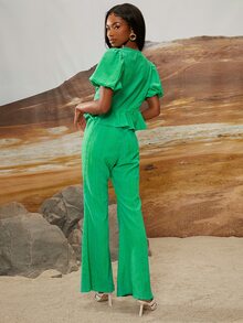 SHEINNeu Bộ đồ hai mảnh nữ Viên lá sen Trọn gói màu trơn Giải trí - màu xanh lá - Xem 2