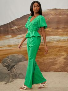 SHEINNeu Bộ đồ hai mảnh nữ Viên lá sen Trọn gói màu trơn Giải trí - màu xanh lá - Xem 3