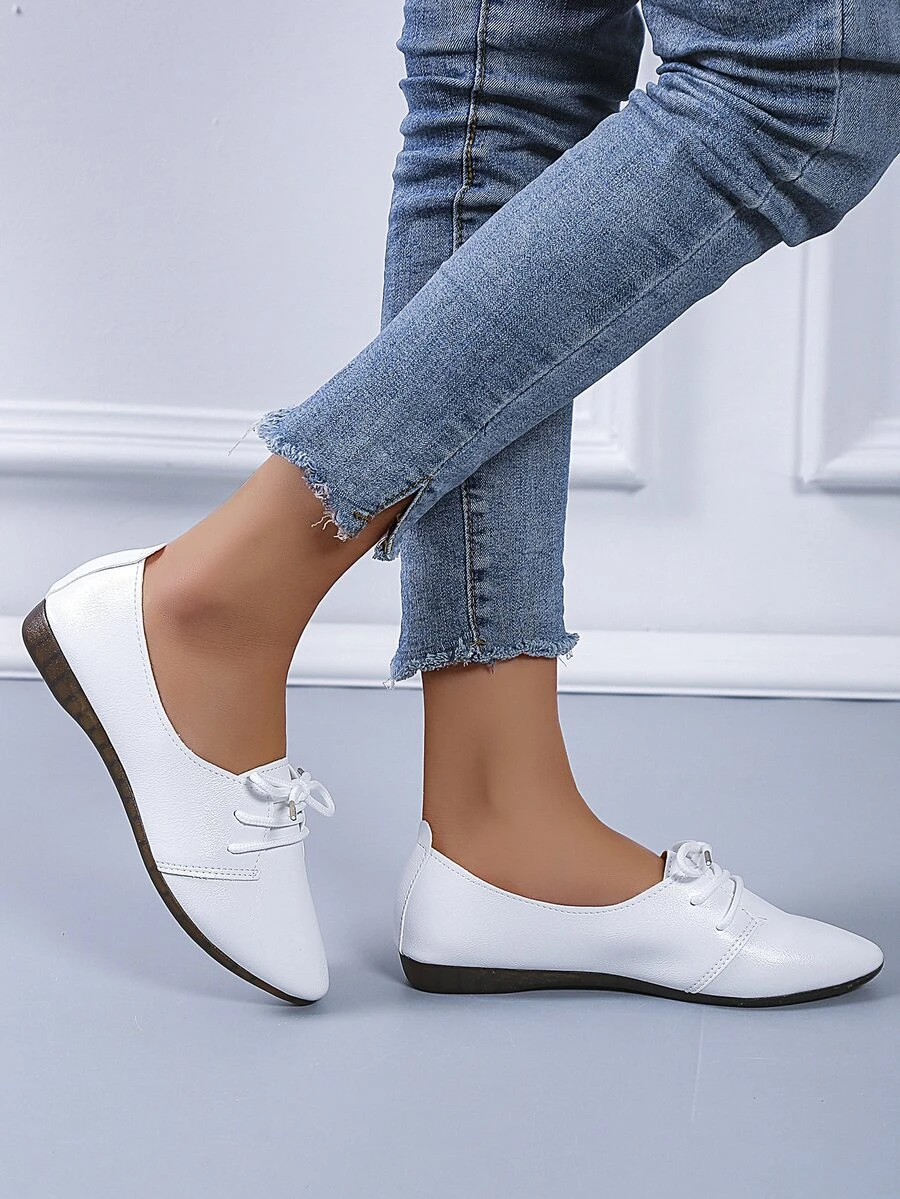 Minimalist Lace-up Front Flats - White - View 1