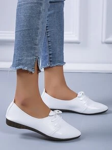 Minimalist Lace-up Front Flats - White - View 3