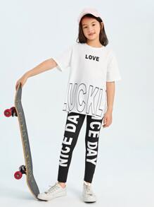 SHEIN Tween Girl Letter Graphic Tee & Leggings Set - Black and White - View 1