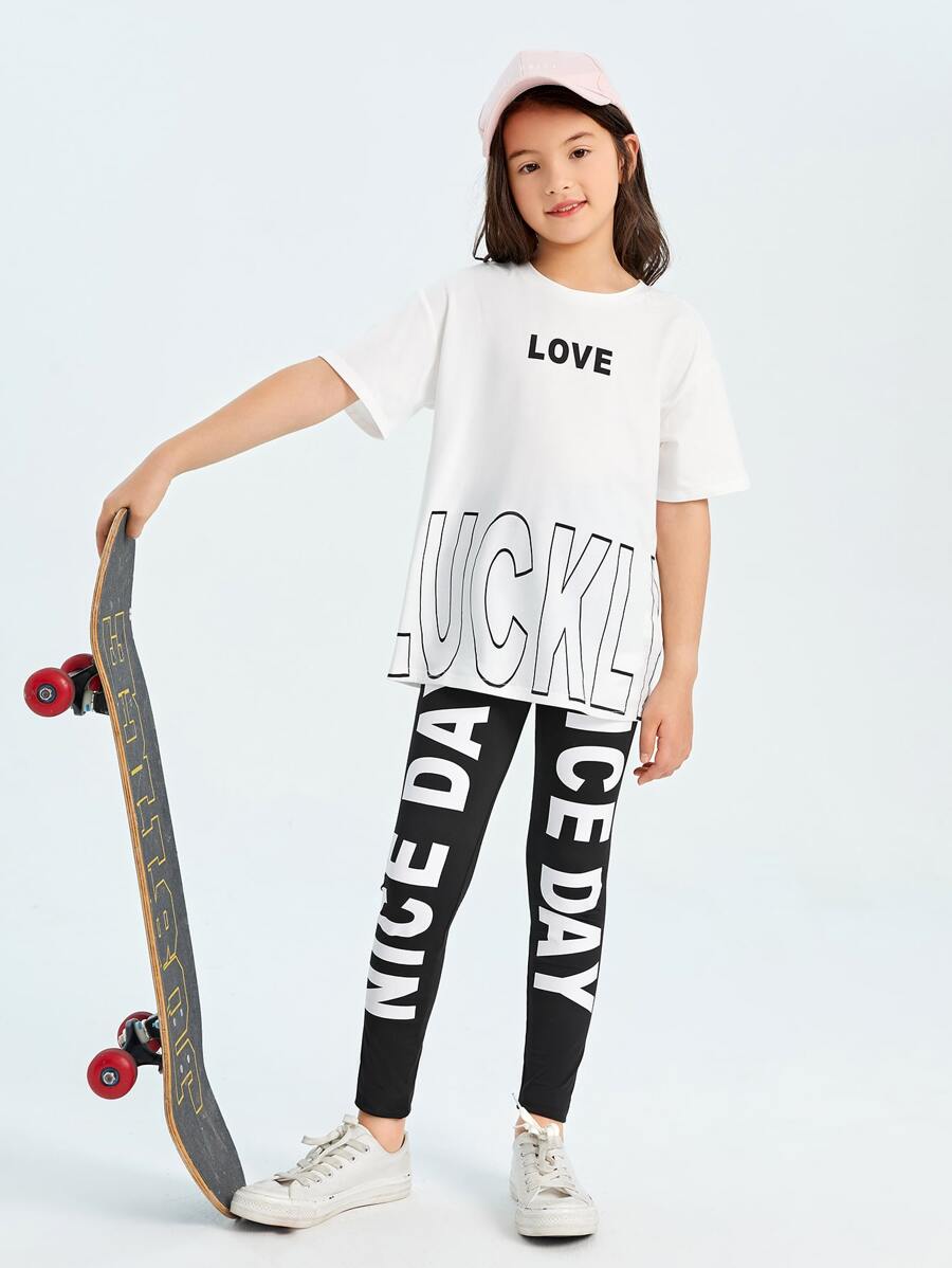 SHEIN Tween Girl Letter Graphic Tee & Leggings Set - Black and White - View 1