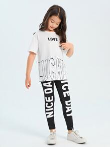SHEIN Tween Girl Letter Graphic Tee & Leggings Set - Black and White - View 3