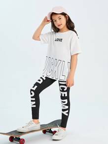 SHEIN Tween Girl Letter Graphic Tee & Leggings Set - Black and White - View 4