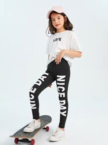 SHEIN Tween Girl Letter Graphic Tee & Leggings Set - Black and White - View 5