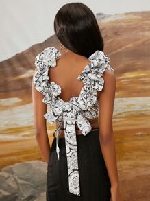 SHEINNeu Áo nữ Xù Buộc lại phân lớp Paisley Boho - Đen và trắng - Xem 2