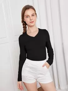 SHEIN Camiseta de manga larga para adolescente de unicolor con pliegues delanteros - Negro - Ver 1