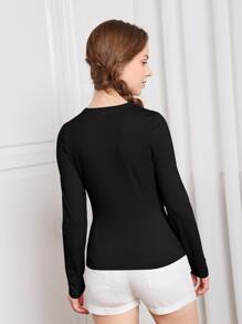 SHEIN Camiseta de manga larga para adolescente de unicolor con pliegues delanteros - Negro - Ver 2