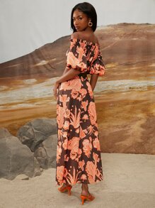 SHEINNeu 印花泡泡袖露肩上衣和裙子套裝 - 彩色 - 查看 2