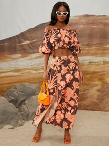 SHEINNeu 印花泡泡袖露肩上衣和裙子套裝 - 彩色 - 查看 3