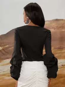 SHEINNeu Blusa de manga obispo con nudo delantero - Negro - Ver 2