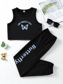 Girls Butterfly & Slogan Graphic Crop Tank Top & Joggers - Black - View 1