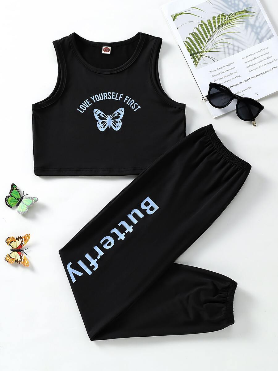 Girls Butterfly & Slogan Graphic Crop Tank Top & Joggers - Black - View 1