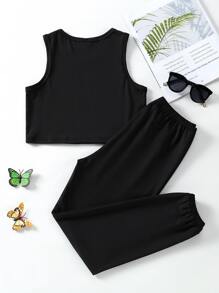 Girls Butterfly & Slogan Graphic Crop Tank Top & Joggers - Black - View 2