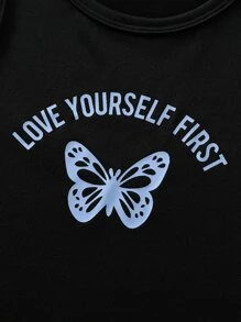 Girls Butterfly & Slogan Graphic Crop Tank Top & Joggers - Black - View 4