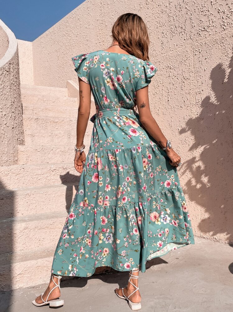 Breezaya Floral Print Butterfly Sleeve Ruffle Hem Belted Dress Maxi Vacation Beach Outfits Women - Cadet Blue - View 2