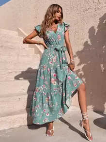 Breezaya Vestido largo con estampado floral, mangas de mariposa, volantes en el bajo y cinturón, atuendo para vacaciones y playa para mujer - Azul Cadete - Ver 3