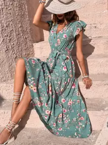 Breezaya Vestido largo con estampado floral, mangas de mariposa, volantes en el bajo y cinturón, atuendo para vacaciones y playa para mujer - Azul Cadete - Ver 4