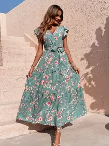 Breezaya Vestido largo con estampado floral, mangas de mariposa, volantes en el bajo y cinturón, atuendo para vacaciones y playa para mujer - Azul Cadete - Ver 5