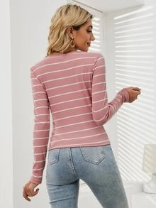 SHEIN Essnce Striped Print Half Button Tee - Dusty Pink - View 2