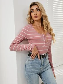 SHEIN Essnce Striped Print Half Button Tee - Dusty Pink - View 3