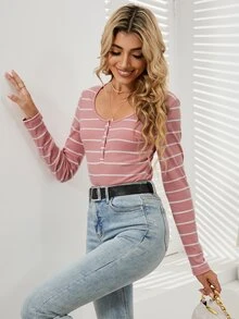 SHEIN Essnce Striped Print Half Button Tee - Dusty Pink - View 5