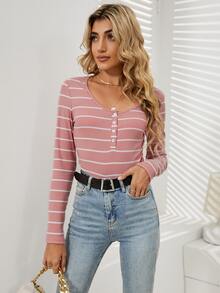 SHEIN Essnce Striped Print Half Button Tee - Dusty Pink - View 6