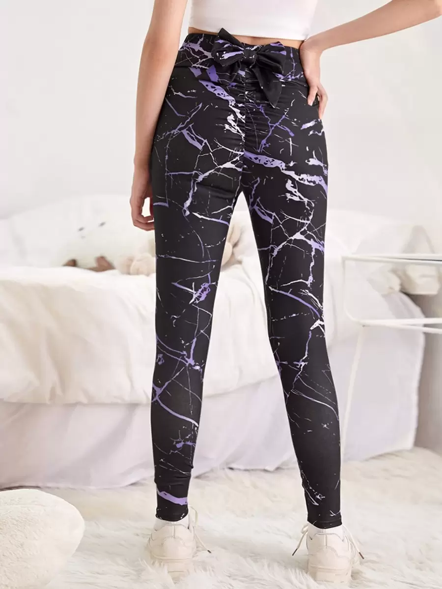 SHEIN Teen Girls Marble Print Tie Back Ruched Leggings - Multicolor - View 1