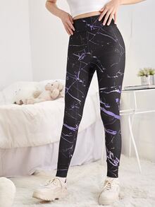 SHEIN Teen Girls Marble Print Tie Back Ruched Leggings - Multicolor - View 2