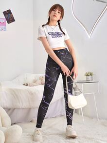 SHEIN Teen Girls Marble Print Tie Back Ruched Leggings - Multicolor - View 4