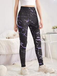 SHEIN Teen Girls Marble Print Tie Back Ruched Leggings - Multicolor - View 5