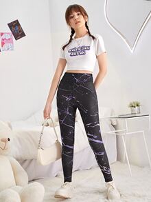 SHEIN Teen Girls Marble Print Tie Back Ruched Leggings - Multicolor - View 6