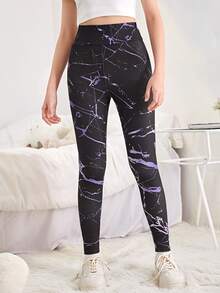 SHEIN Teen Girls Marble Print Tie Back Ruched Leggings - Multicolor - View 7
