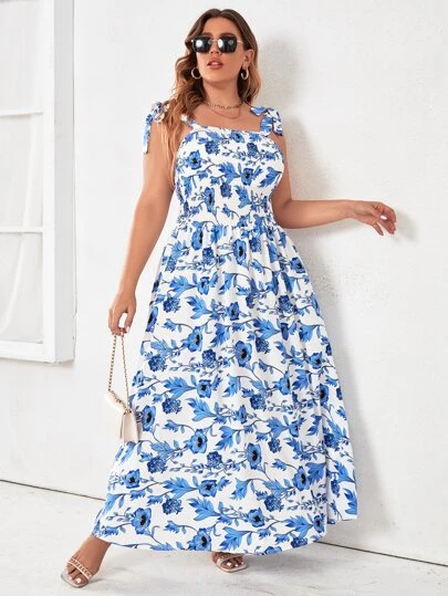 Mulvari 大碼滿版印花肩上打結打褶拖地吊帶連衣裙