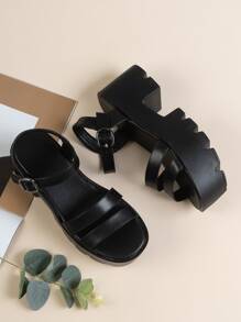 Buckle Detail Platform Ankle Strap Sandals - Black - View 1