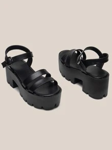 Buckle Detail Platform Ankle Strap Sandals - Black - View 3
