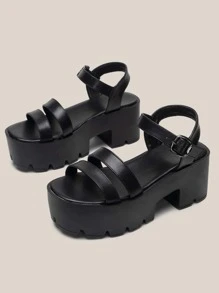 Buckle Detail Platform Ankle Strap Sandals - Black - View 4